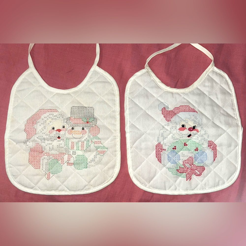 Vintage 2 Bucilla Stamped Cross Stitch White Baby Bib Santa Christmas NWT 🎄